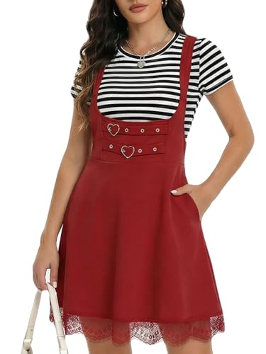 YOINS Overalls Dress for Women Lace Cute A Line Suspender Skirt Red S